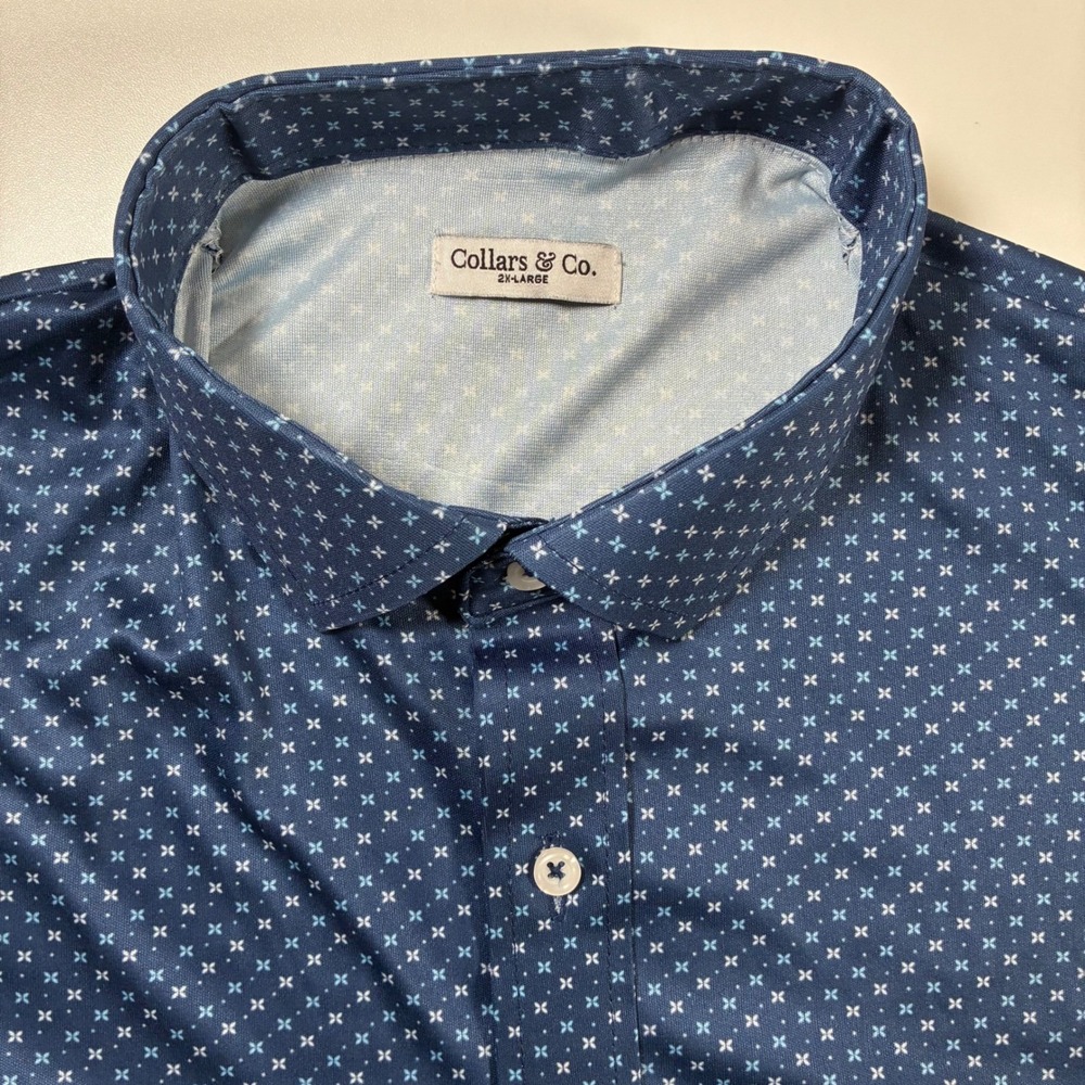 NEW Collars & Co. Button Down Shirt 2XL Blue Geometric Short Sleeve Performance
